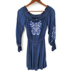 Hollister Womens Floral Embroidered Off The Shoulder Tunic Dress Size S Blue